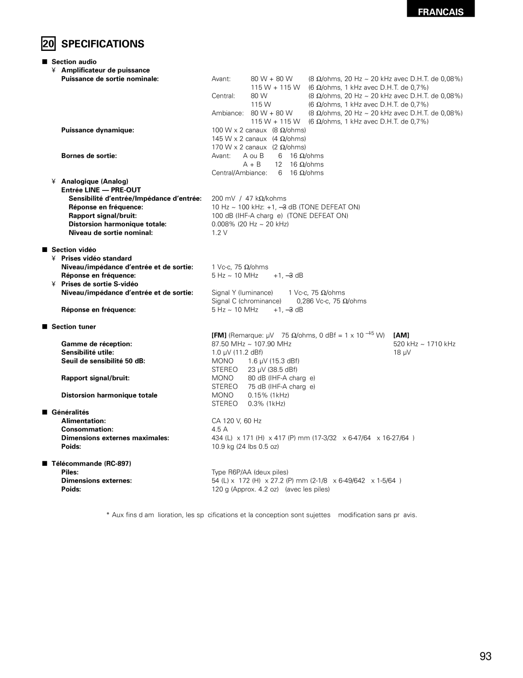 Denon AVR-1802/882 manual Puissance dynamique, Bornes de sortie, Rapport signal/bruit, Distorsion harmonique totale, Poids 