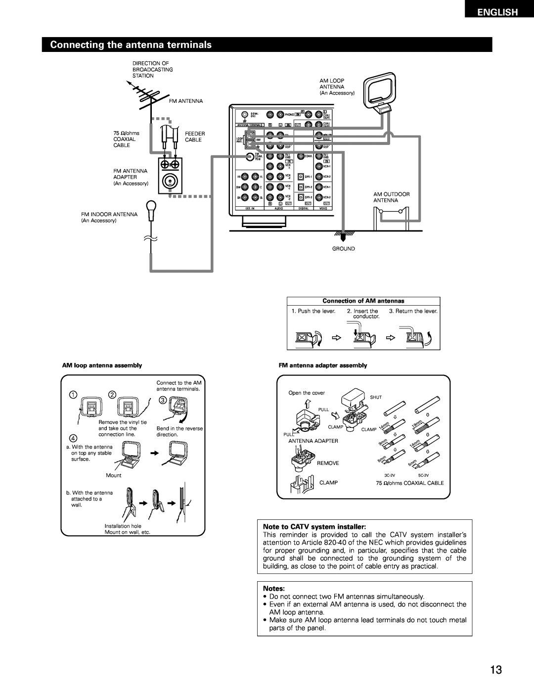 Denon AVR-1802/882 manual Connecting the antenna terminals, English, Note to CATV system installer 