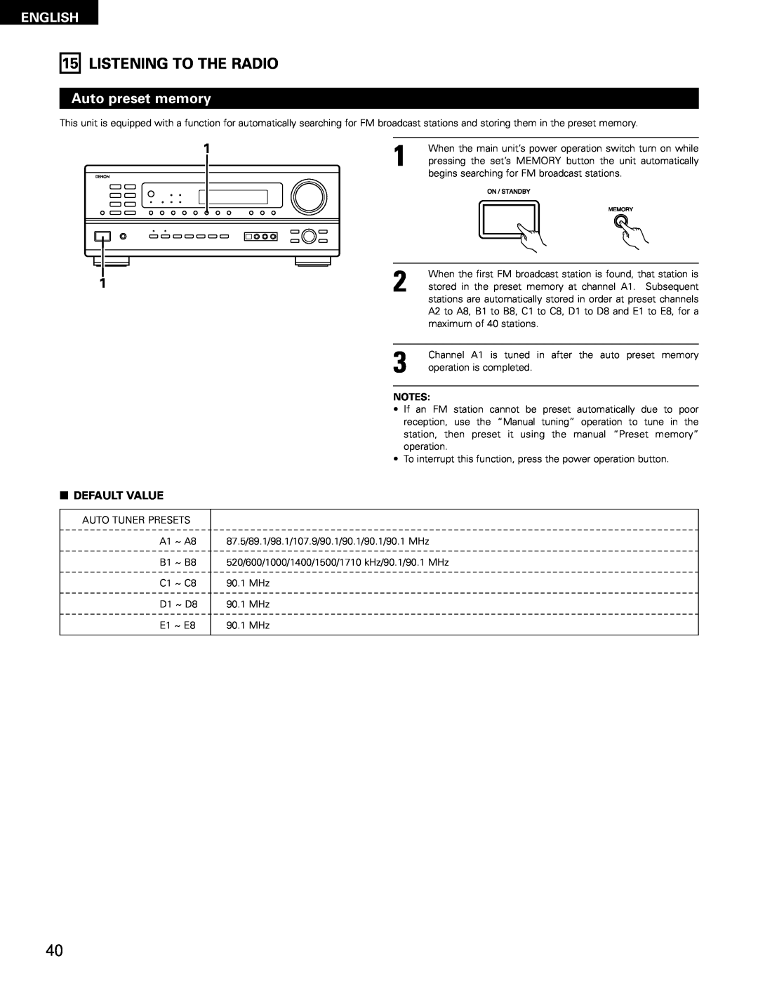 Denon AVR-1802/882 manual Listening To The Radio, Auto preset memory, English, 2DEFAULT VALUE 