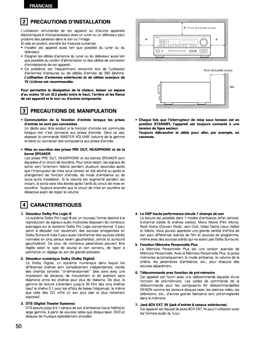 Denon AVR-1802/882 manual Precautions D’Installation, 3PRECAUTIONS DE MANIPULATION, 4CARACTERISTIQUES, Francais 