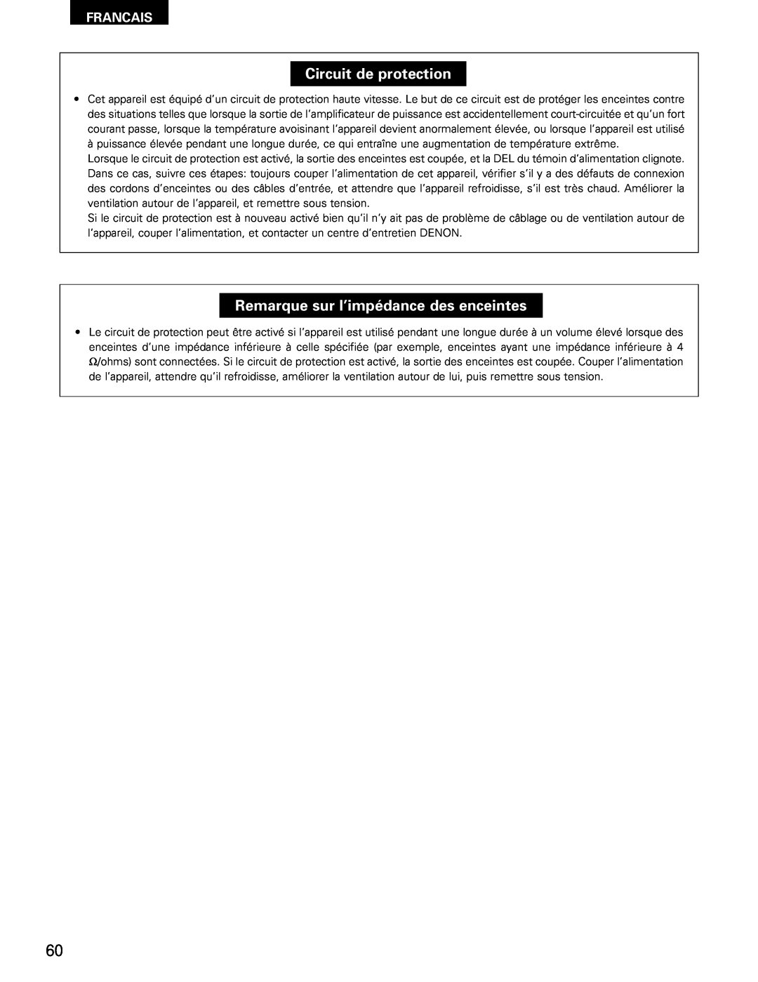 Denon AVR-1802/882 manual Circuit de protection, Remarque sur l’impédance des enceintes, Francais 