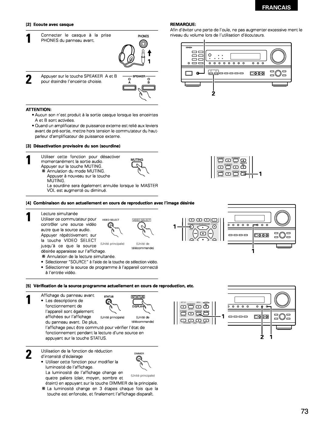 Denon AVR-1802/882 manual Francais, Ecoute avec casque, Remarque, 3Désactivation provisoire du son sourdine 