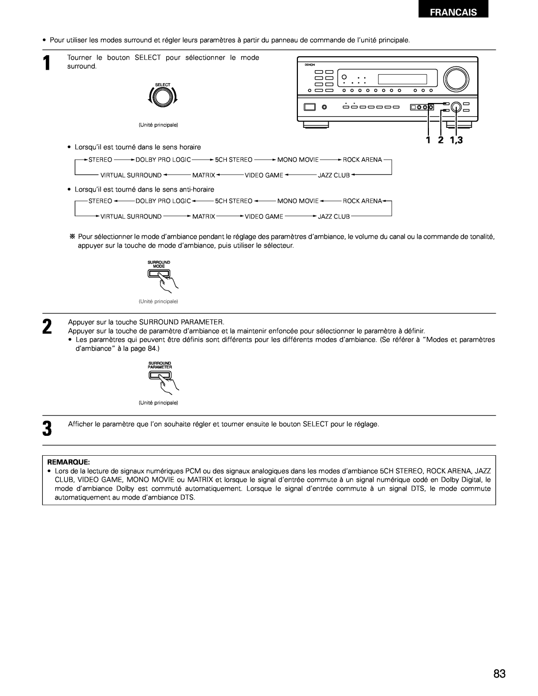 Denon AVR-1802/882 manual 1 2 1,3, Francais, Tourner le bouton SELECT pour sélectionner le mode, Remarque 