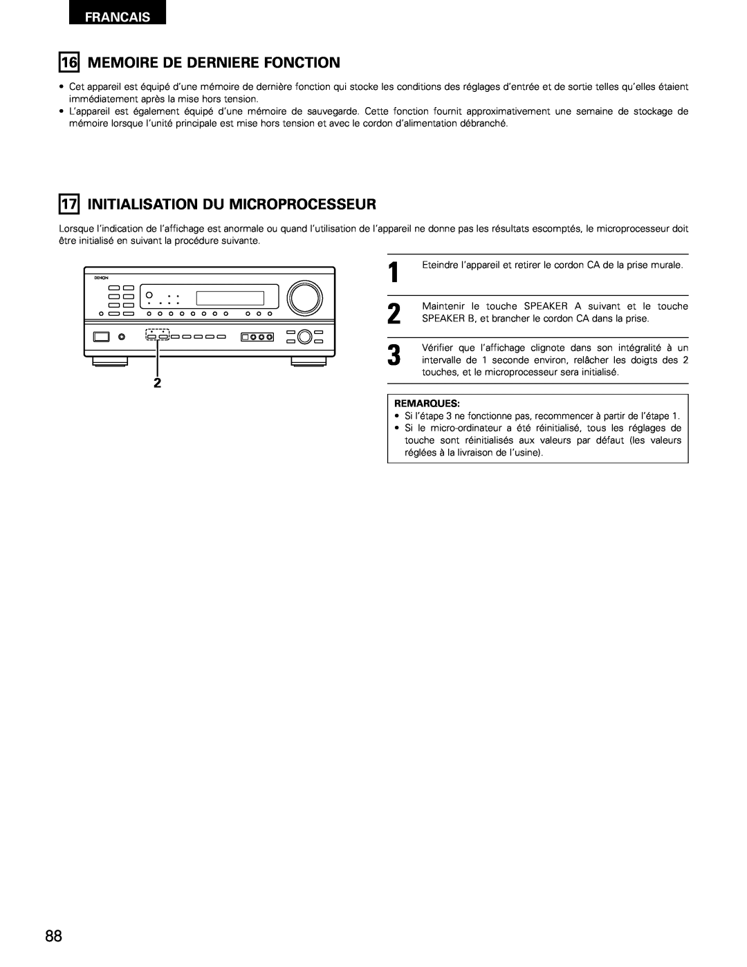 Denon AVR-1802/882 manual 16MEMOIRE DE DERNIERE FONCTION, 17INITIALISATION DU MICROPROCESSEUR, Francais, Remarques 