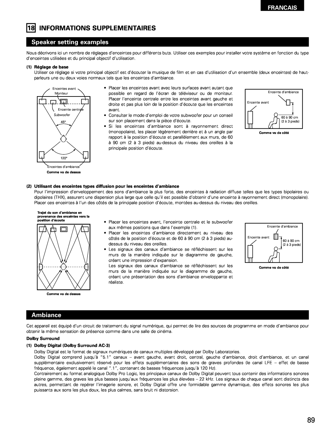 Denon AVR-1802/882 manual Informations Supplementaires, Speaker setting examples, Ambiance, Francais, 1Réglage de base 