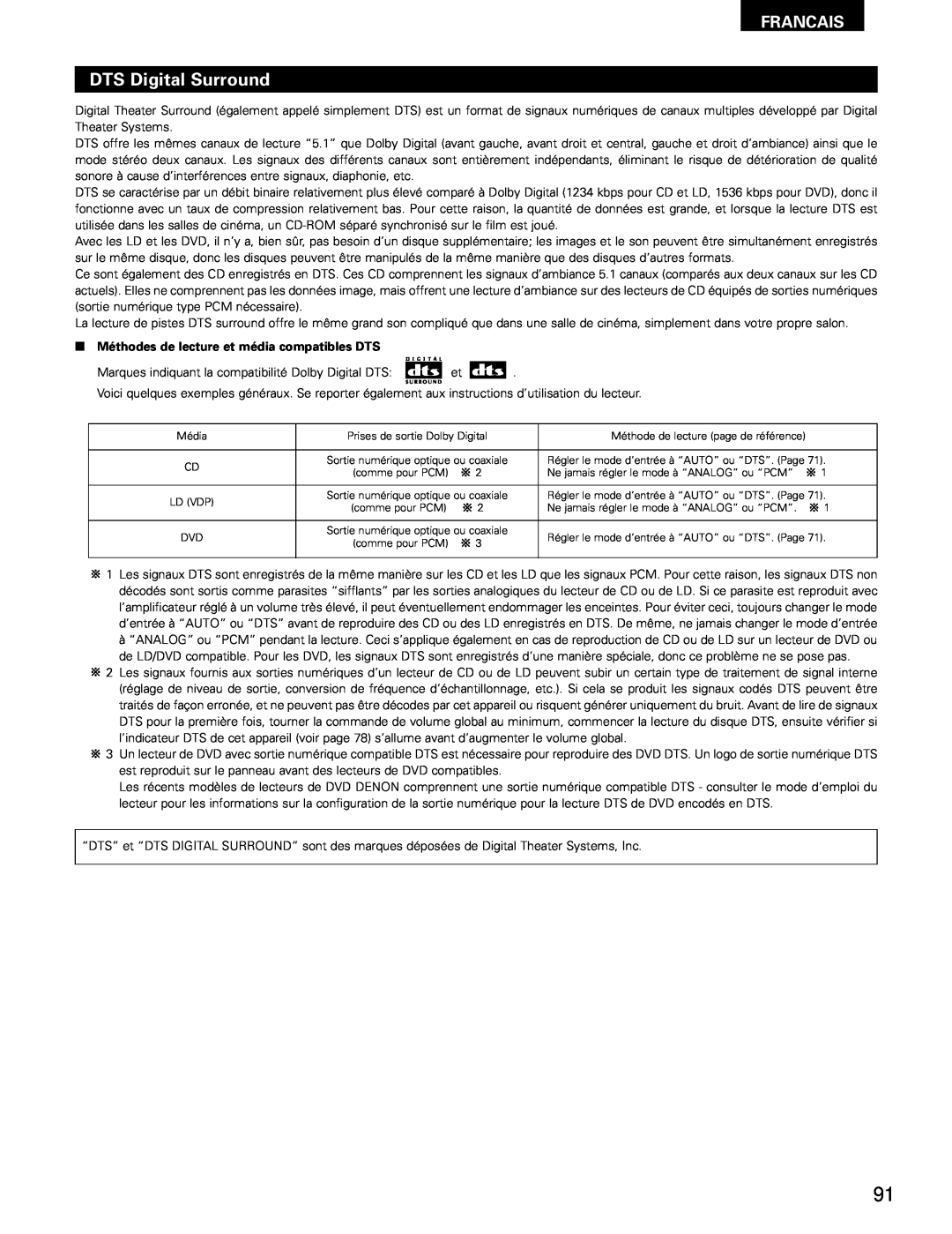 Denon AVR-1802/882 manual Francais, 2Méthodes de lecture et média compatibles DTS 