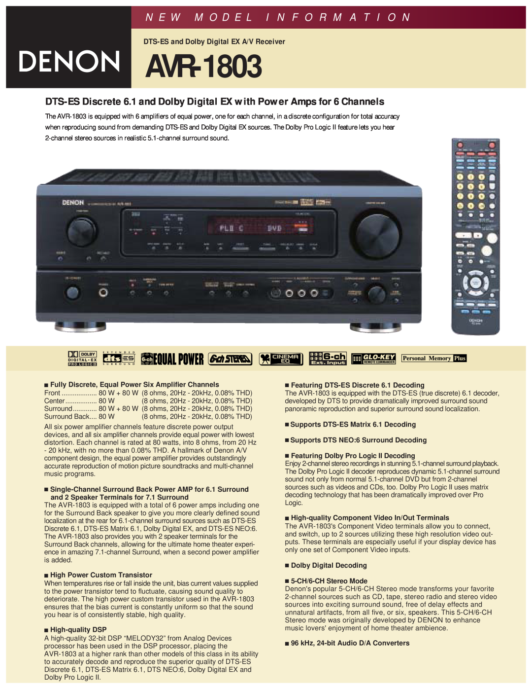Denon AVR-1803 manual N E W M O D E L I N F O R M A T I O N, DTS-ESand Dolby Digital EX A/V Receiver 