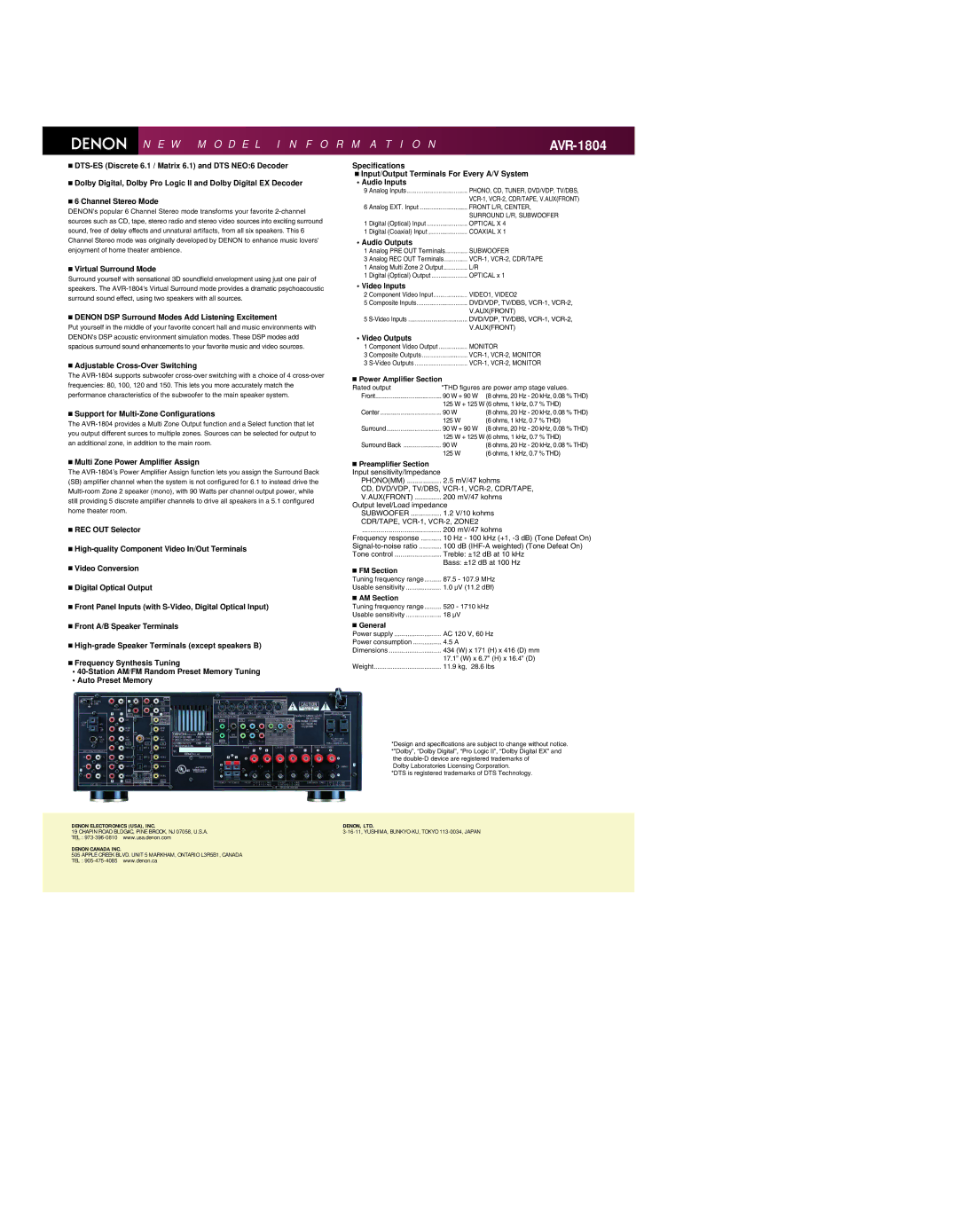 Denon AVR-1804 Virtual Surround Mode, Denon DSP Surround Modes Add Listening Excitement, Adjustable Cross-Over Switching 