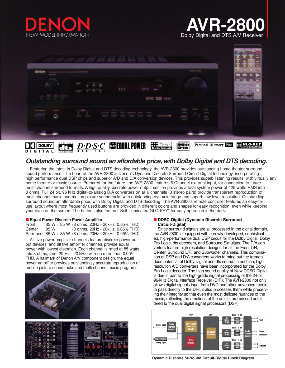 Denon AVR-2800 manual Equal Power Discrete Power Amplifier, DDSC-Digital Dynamic Discrete Surround Circuit-Digital 