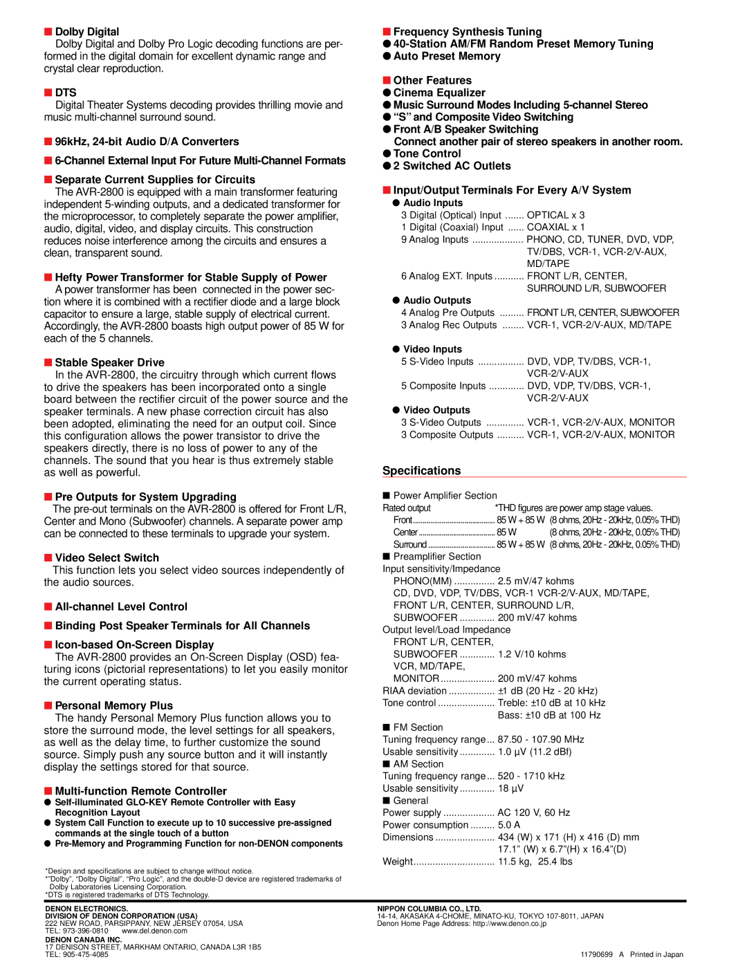 Denon AVR-2800 manual Dolby Digital, Stable Speaker Drive, Pre Outputs for System Upgrading, Video Select Switch 