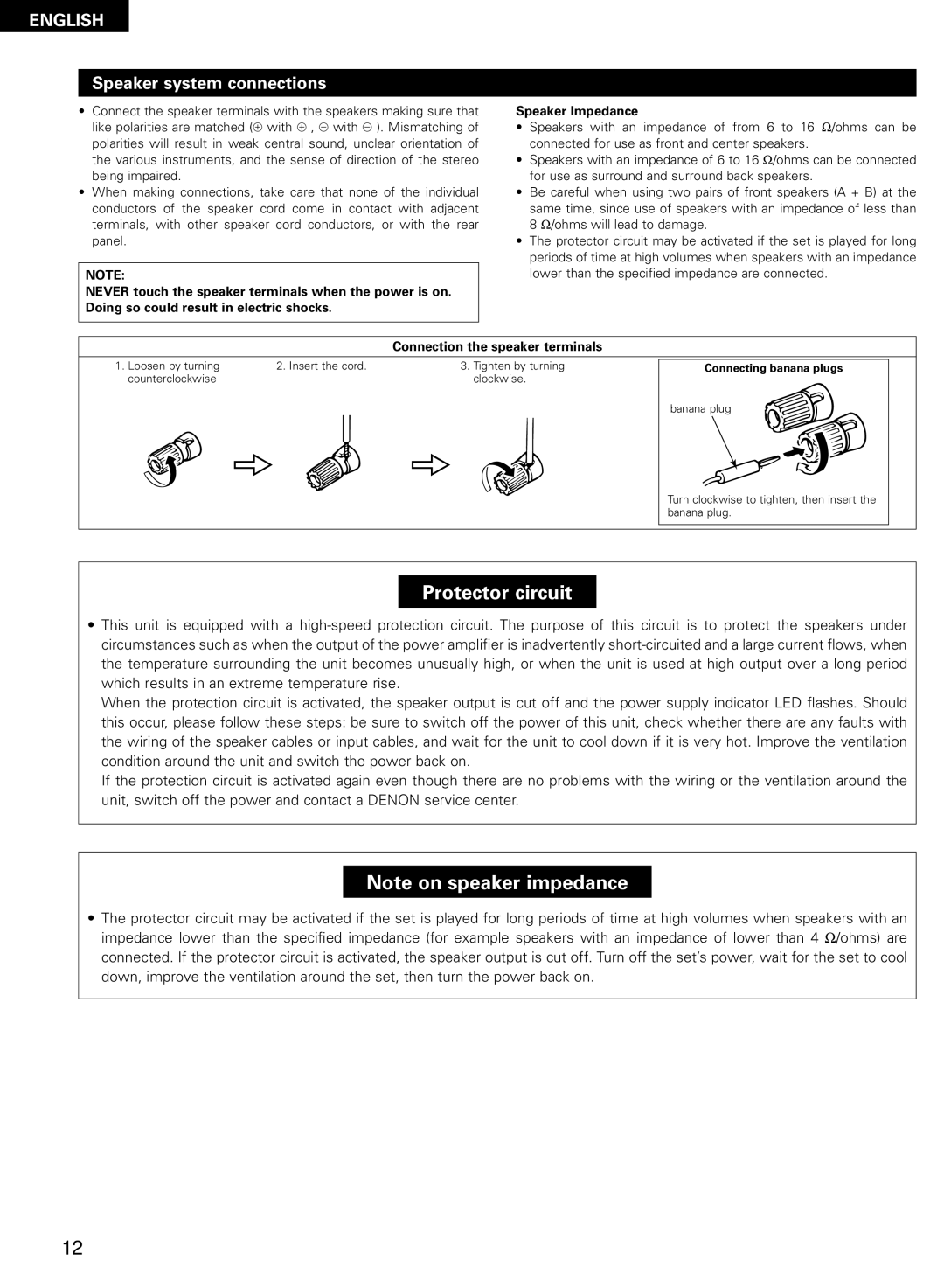 Denon AVR-2802/982 Speaker system connections, Connection the speaker terminals, Connecting banana plugs 