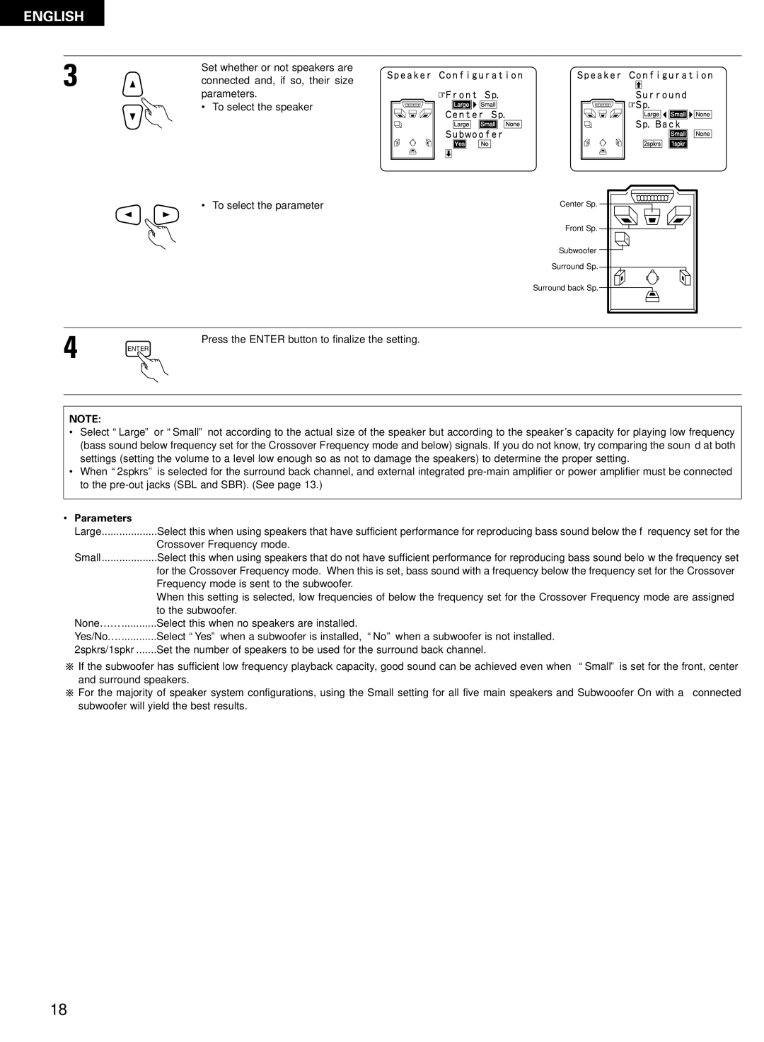 Denon AVR-2802/982 Press the Enter button to finalize the setting, Parameters, Frequency mode is sent to the subwoofer 