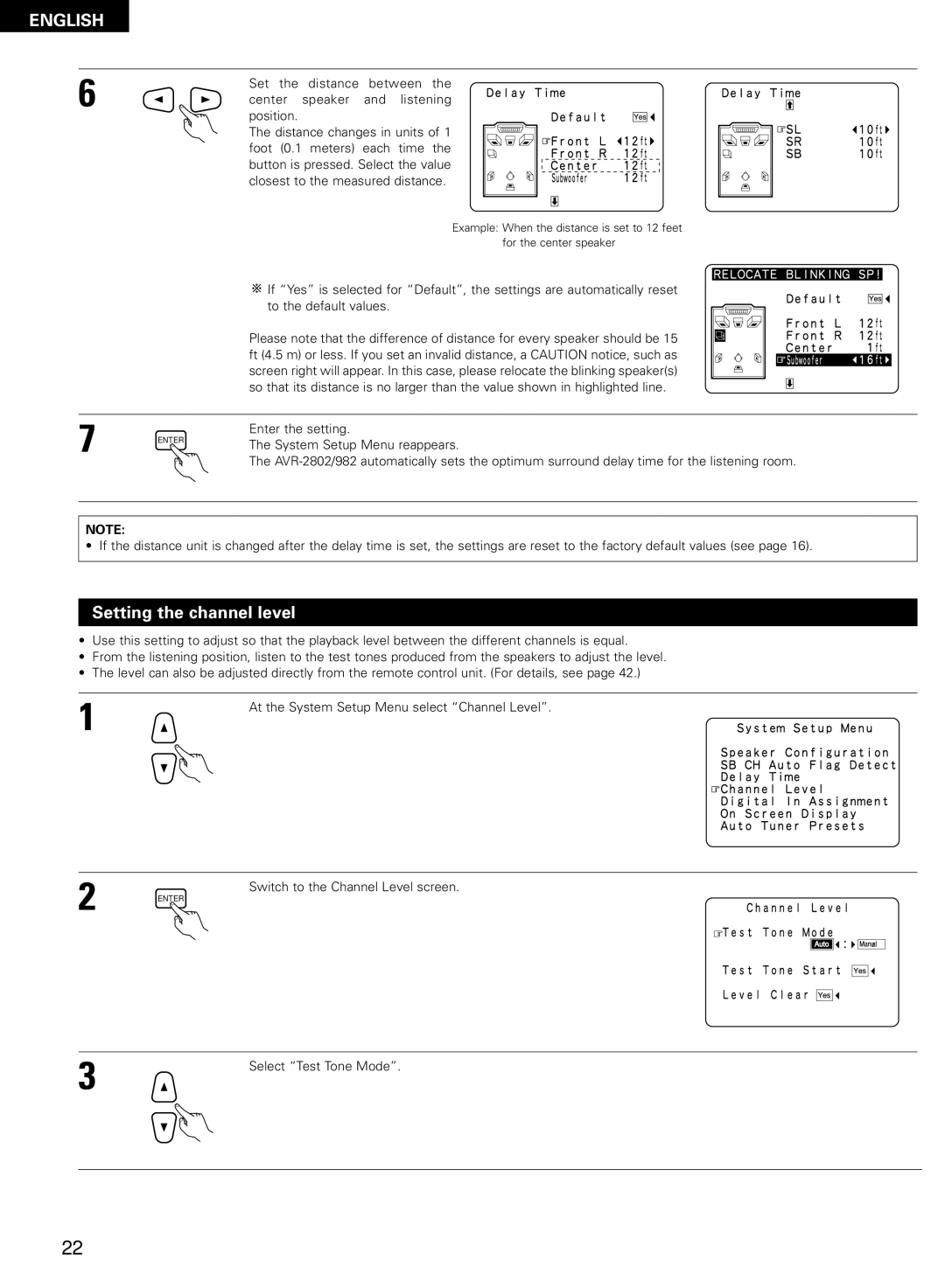 Denon AVR-2802/982 operating instructions Setting the channel level, Select Test Tone Mode 