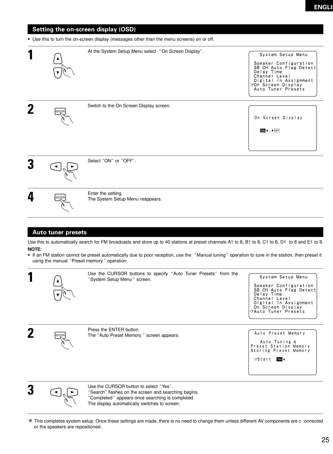 Denon AVR-2802/982 operating instructions Setting the on-screen display OSD, Auto tuner presets 