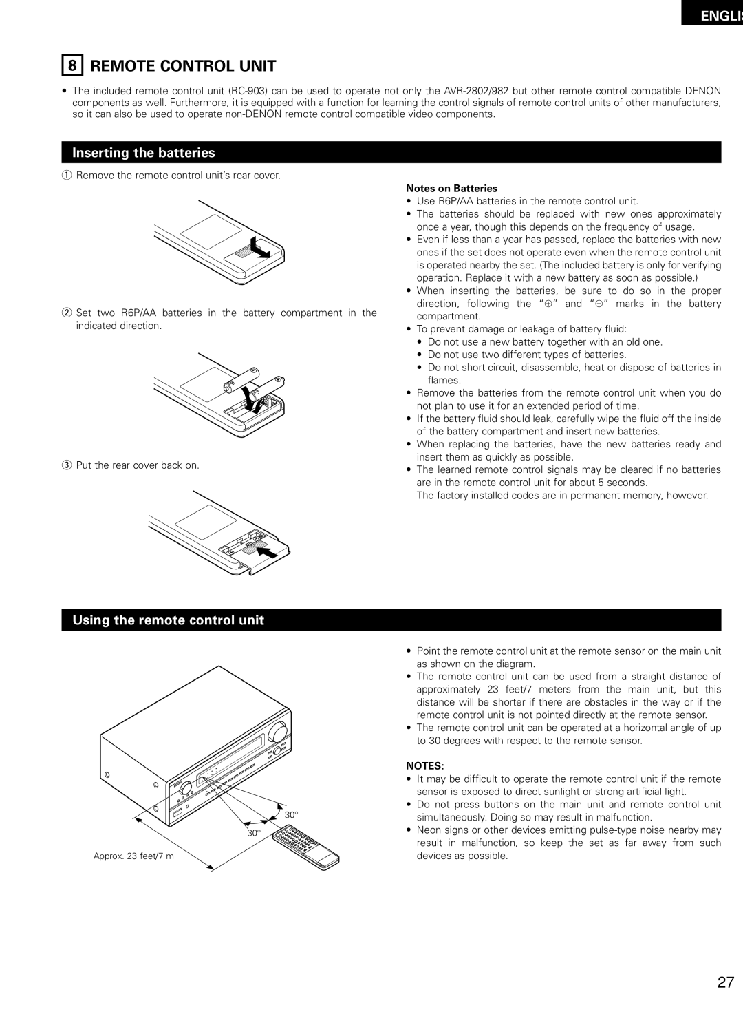 Denon AVR-2802/982 operating instructions Remote Control Unit, Inserting the batteries, Using the remote control unit 