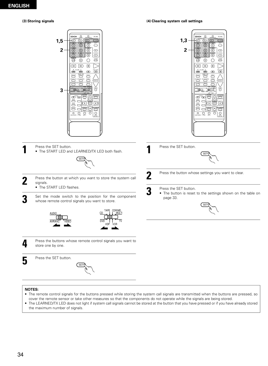 Denon AVR-2802/982 operating instructions Storing signals, Clearing system call settings 