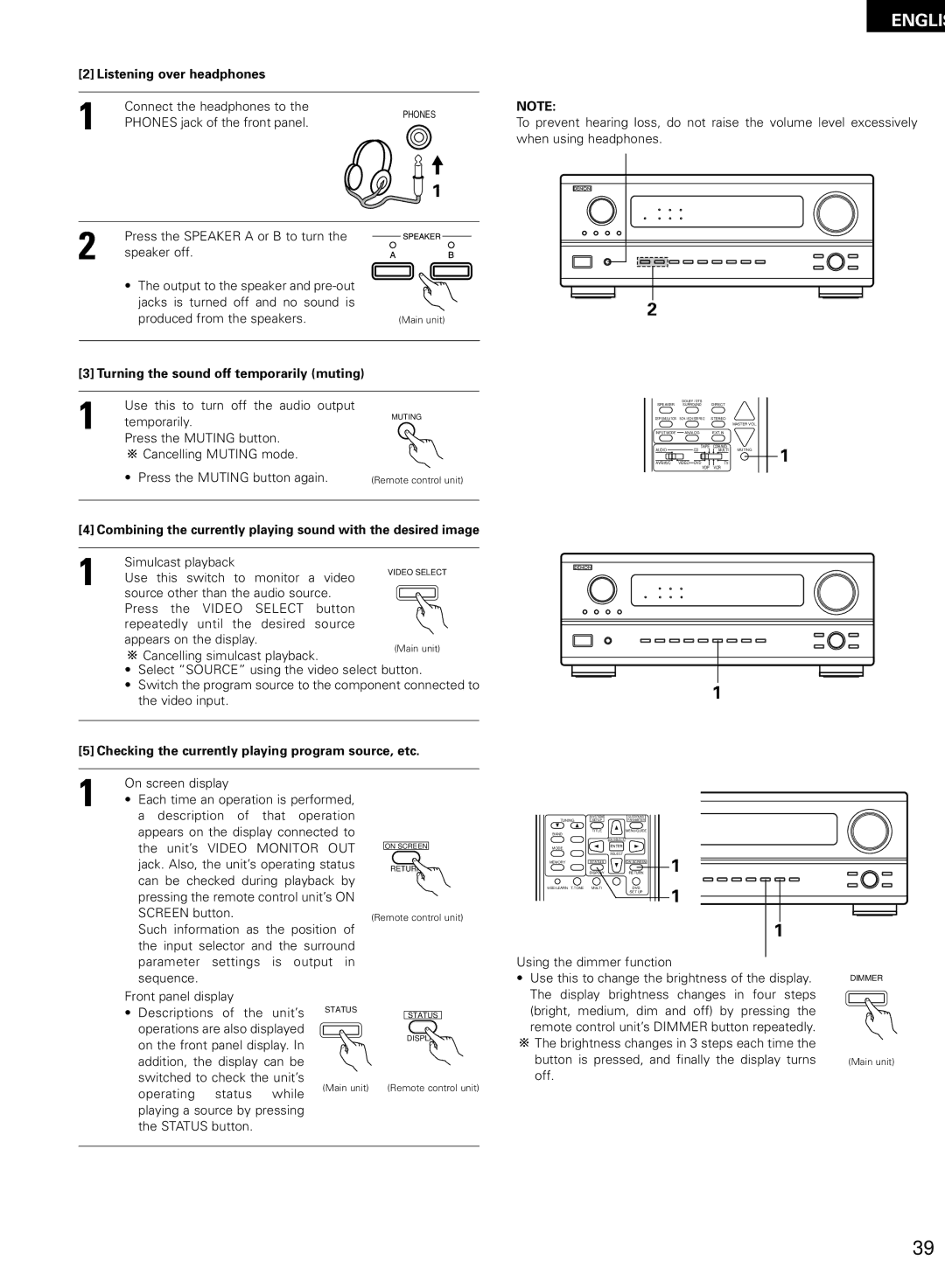 Denon AVR-2802/982 operating instructions Listening over headphones, Turning the sound off temporarily muting 