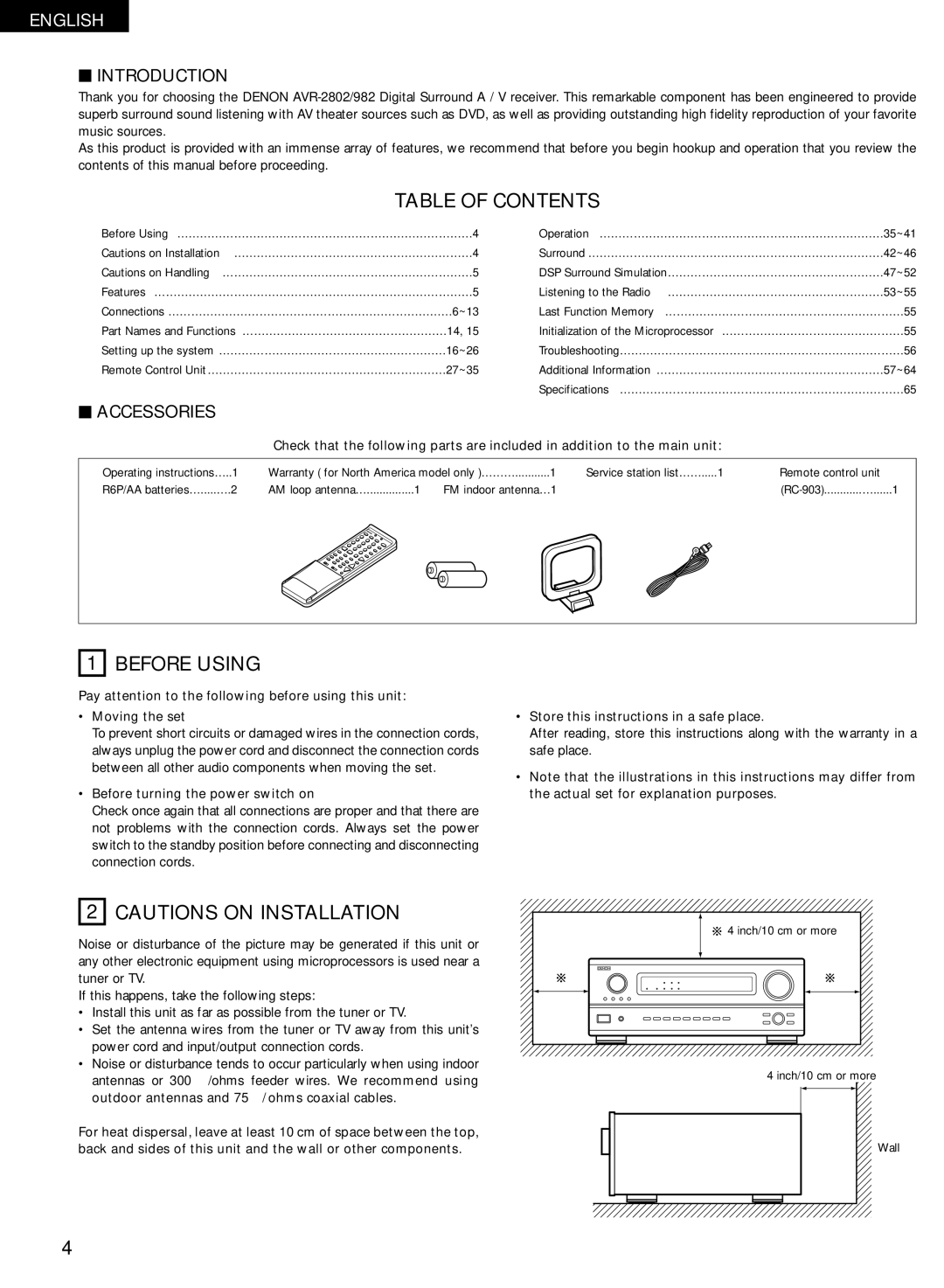 Denon AVR-2802/982 operating instructions Table of Contents, Before Using 