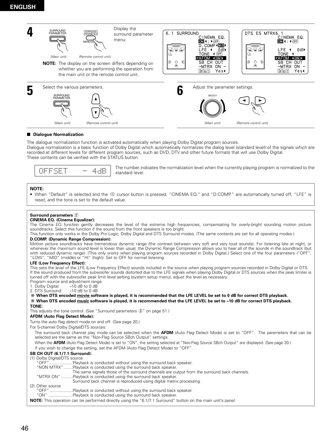 Denon AVR-2802/982 Menu, Select the various parameters Adjust the parameter settings, Dialogue Normalization 