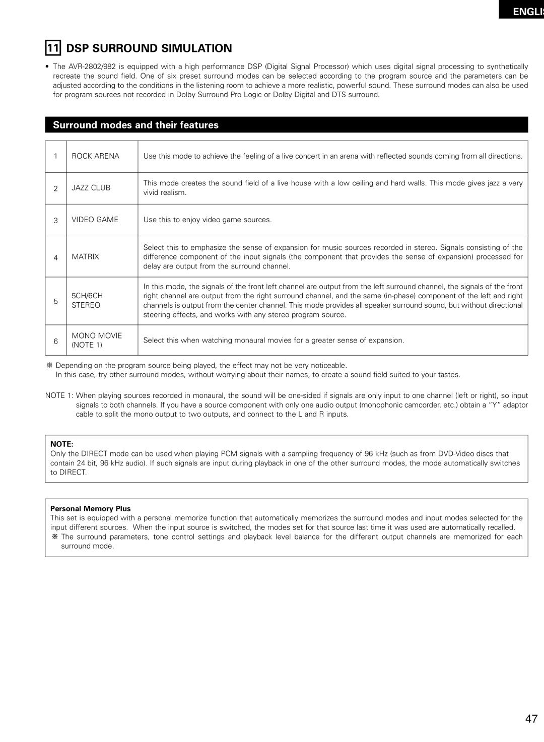 Denon AVR-2802/982 operating instructions DSP Surround Simulation, Surround modes and their features, Personal Memory Plus 