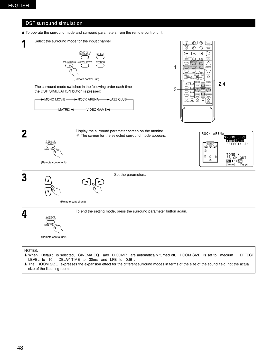 Denon AVR-2802/982 operating instructions DSP surround simulation, Set the parameters 