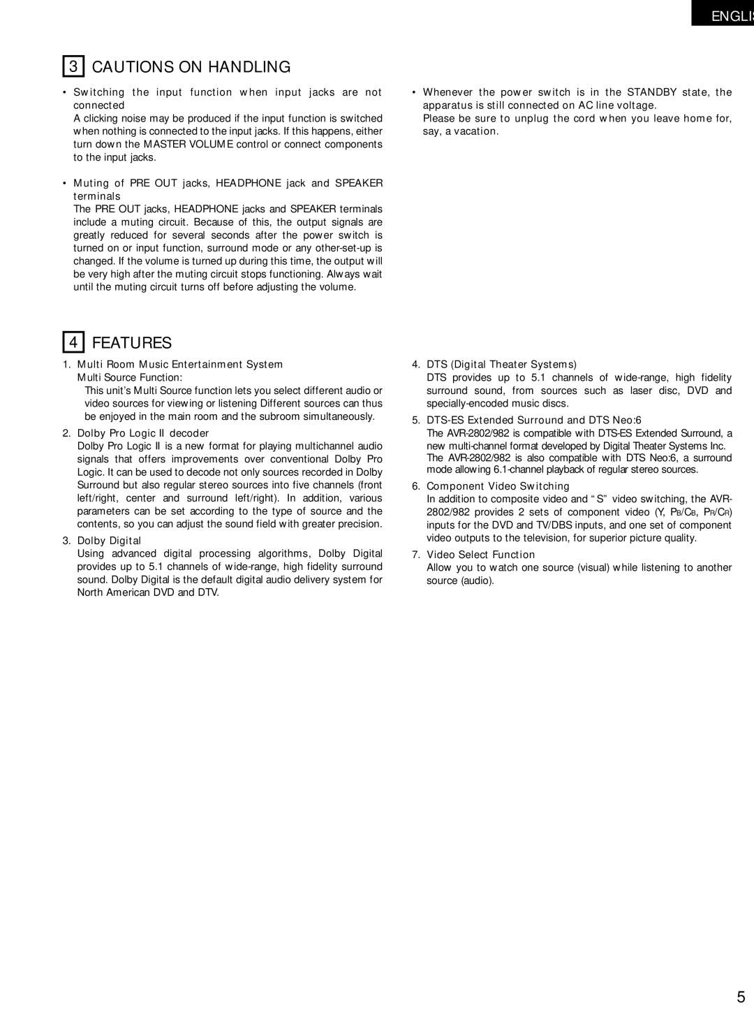 Denon AVR-2802/982 operating instructions Features 