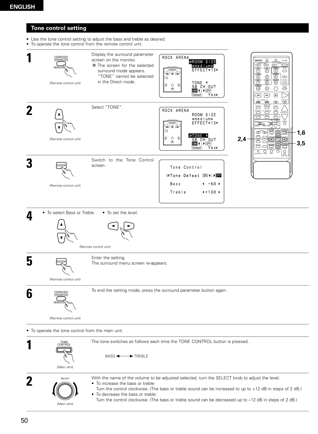 Denon AVR-2802/982 operating instructions Tone control setting 