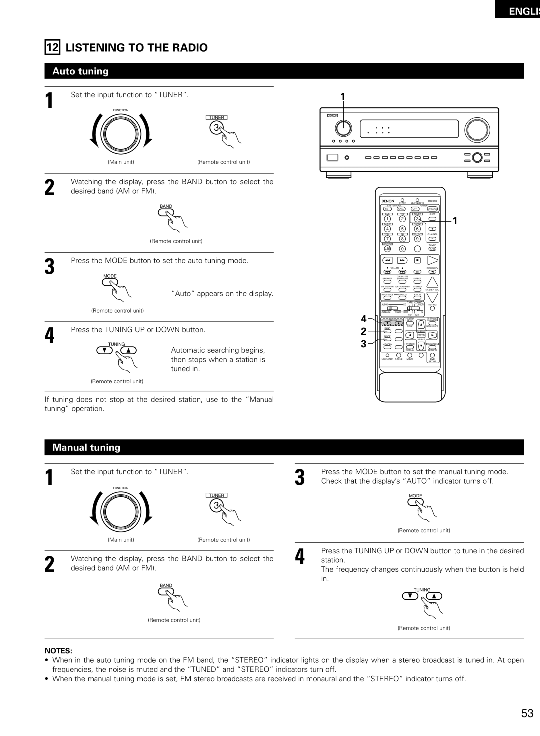 Denon AVR-2802/982 operating instructions Listening to the Radio, Auto tuning, Manual tuning 