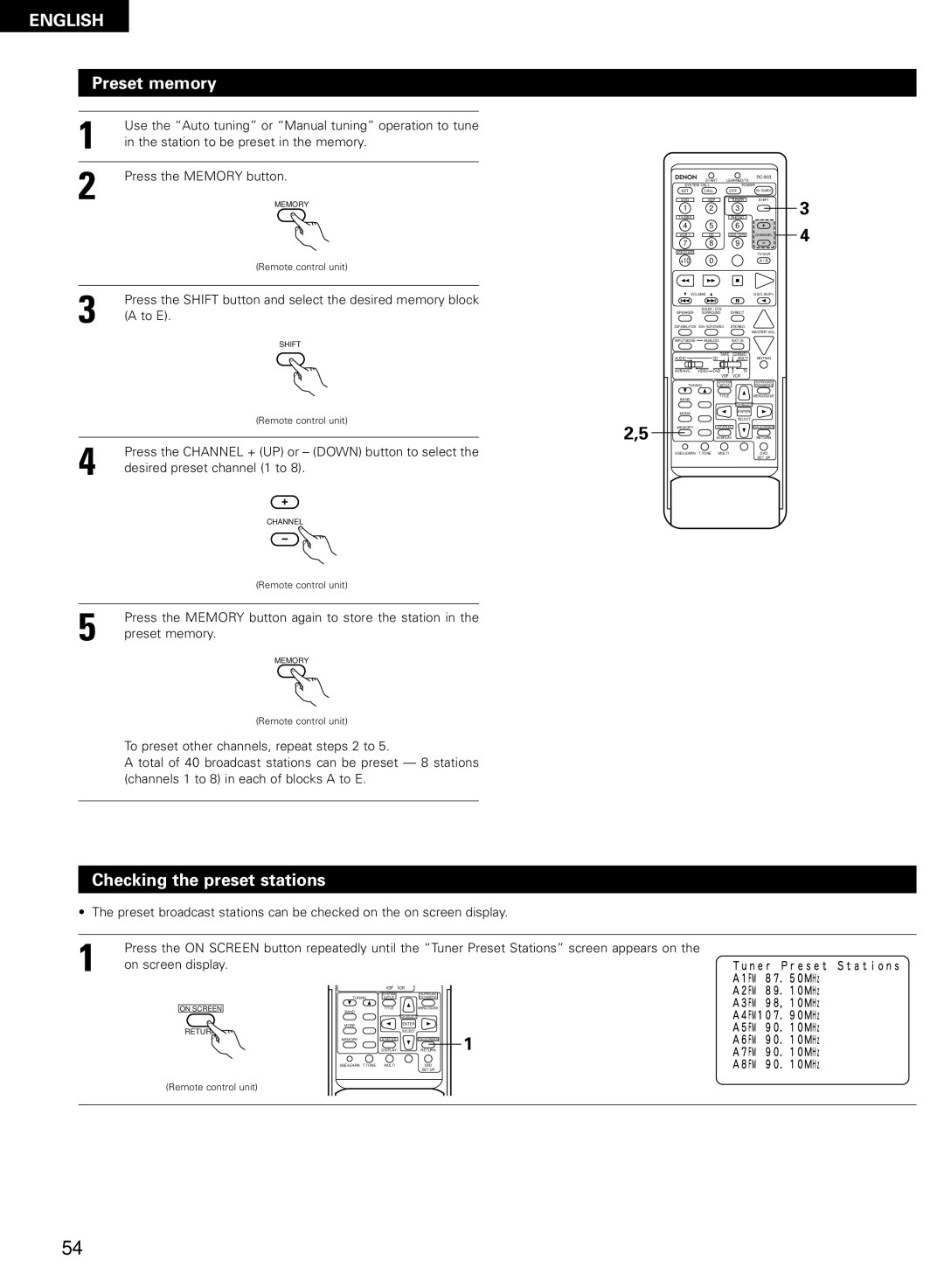 Denon AVR-2802/982 operating instructions Preset memory, Checking the preset stations 