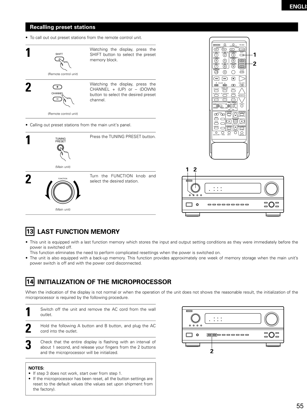 Denon AVR-2802/982 Last Function Memory, Initialization of the Microprocessor, Recalling preset stations 