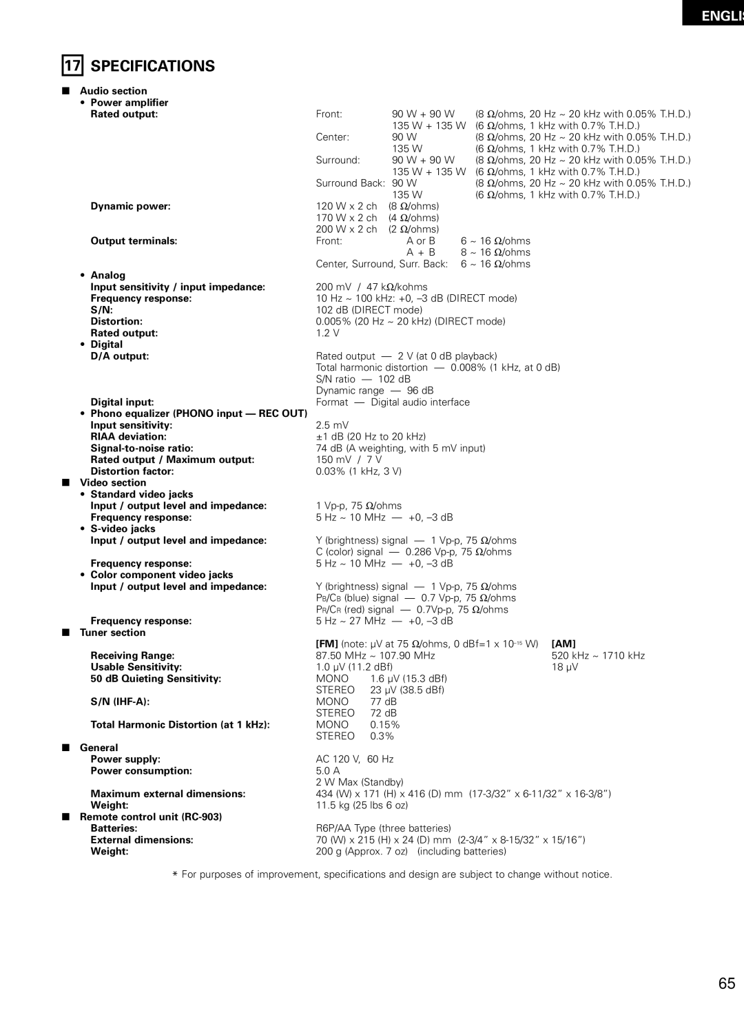 Denon AVR-2802/982 operating instructions Specifications 