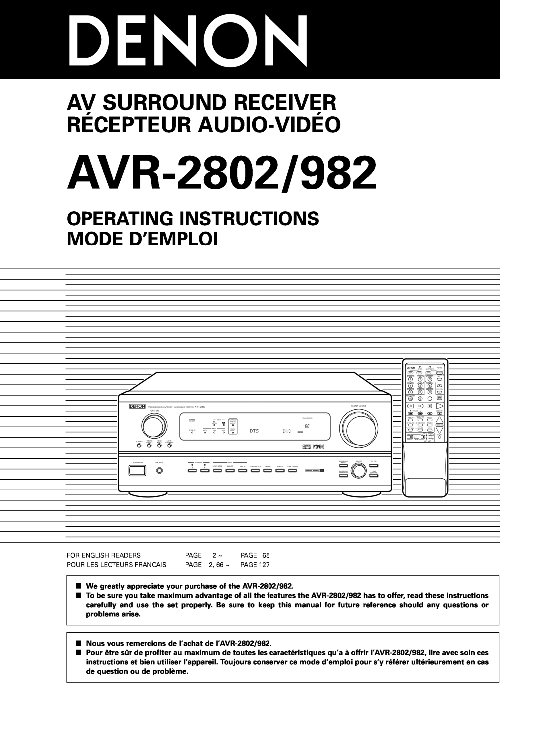 Denon AVR-2802/982 operating instructions Operating Instructions Mode D’Emploi, Av Surround Receiver Récepteur Audio-Vidéo 