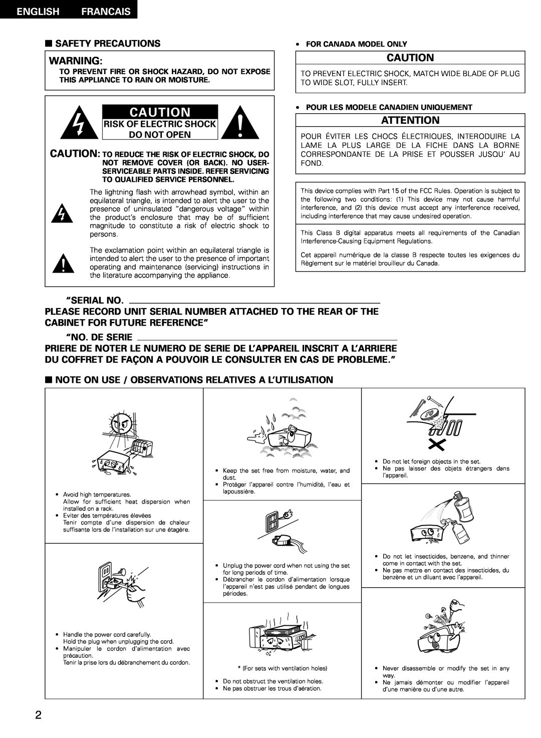 Denon AVR-2802/982 English Francais, 2SAFETY PRECAUTIONS, Risk Of Electric Shock Do Not Open, “Serial No, “No. De Serie 