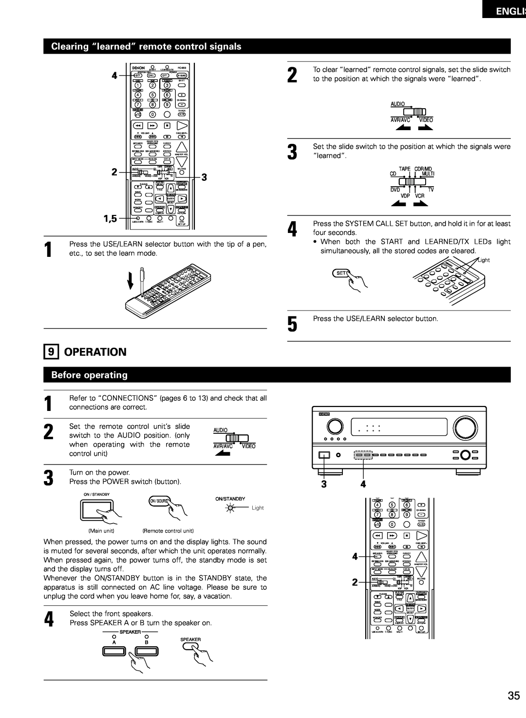 Denon AVR-2802/982 operating instructions Operation, ENGLIS Clearing “learned” remote control signals, Before operating 