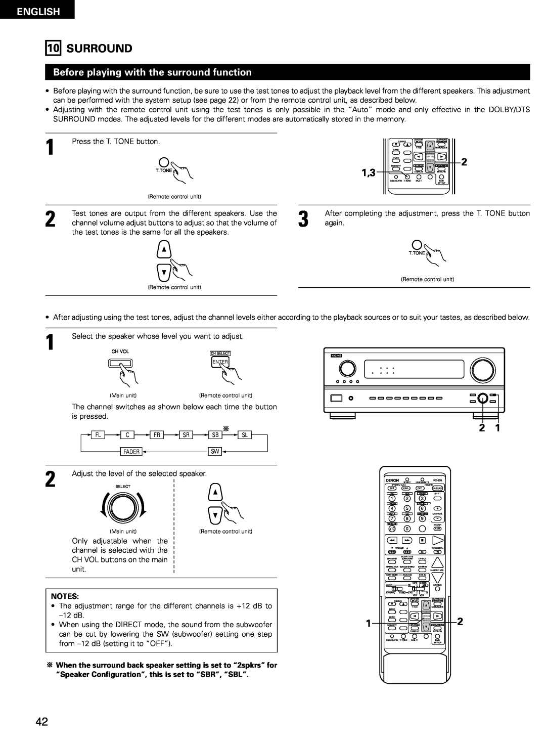 Denon AVR-2802/982 operating instructions Surround, English, Before playing with the surround function 