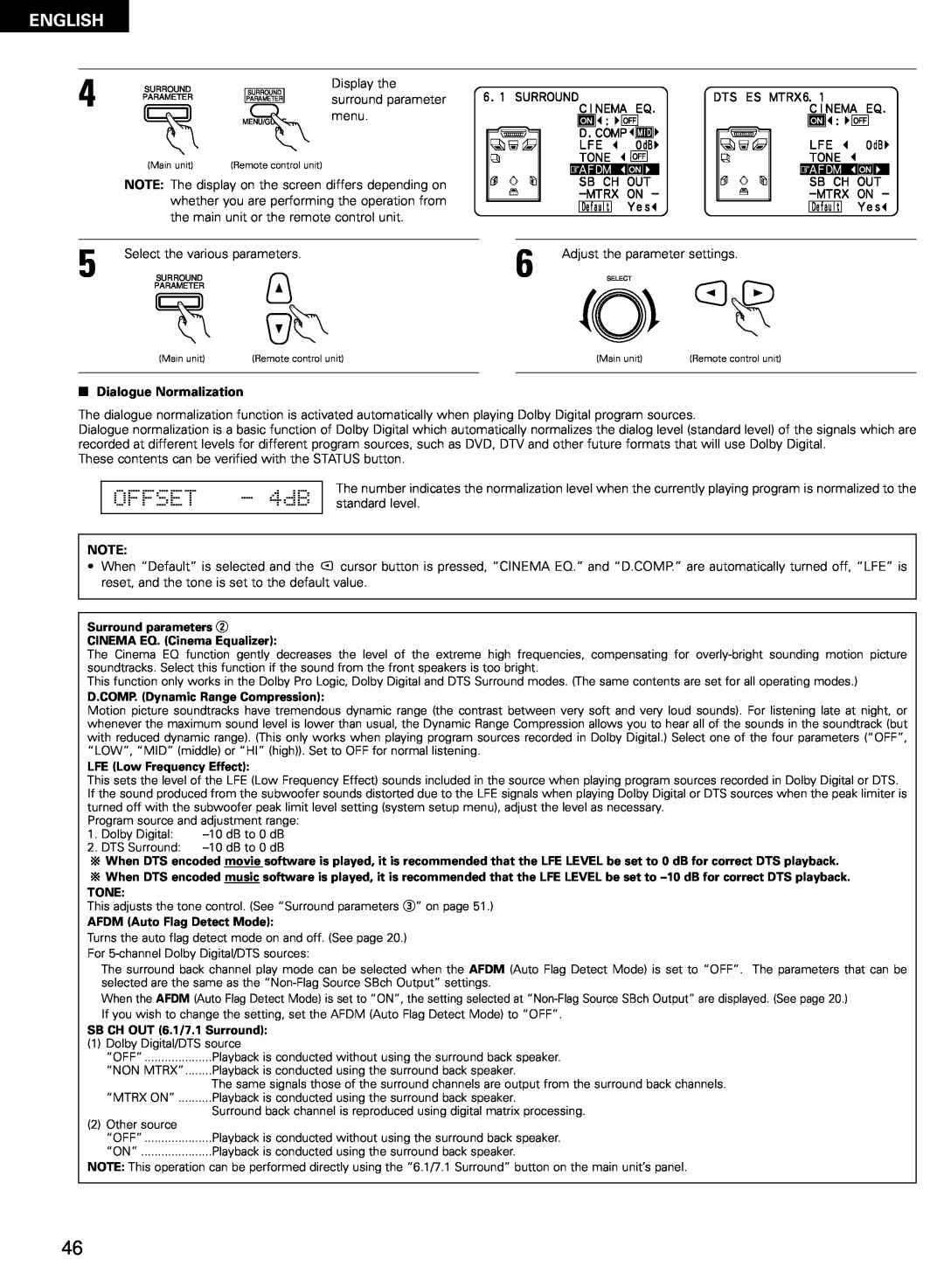 Denon AVR-2802/982 operating instructions OFFSET - 4dB, English, 2Dialogue Normalization 
