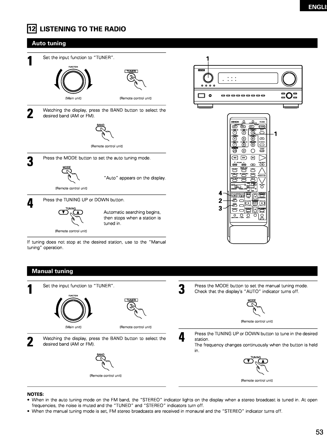 Denon AVR-2802/982 operating instructions Listening To The Radio, Auto tuning, Englis, Manual tuning 