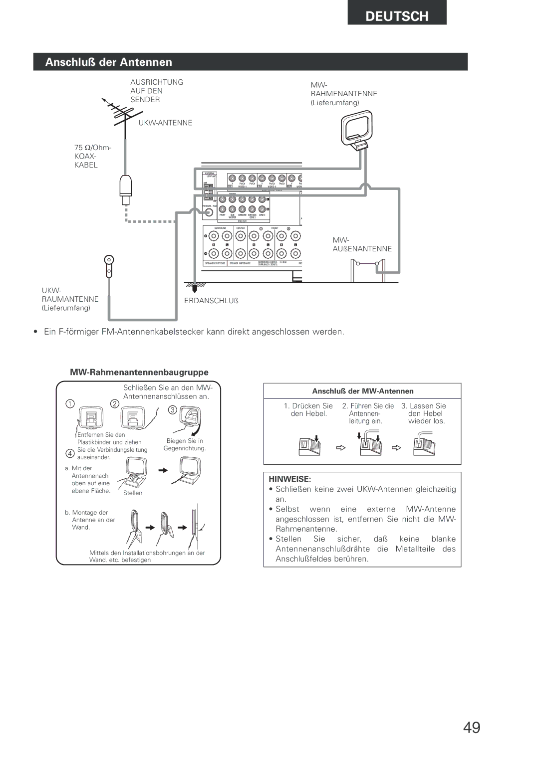 Denon AVR-2803 manual Anschluß der Antennen, MW-Rahmenantennenbaugruppe 