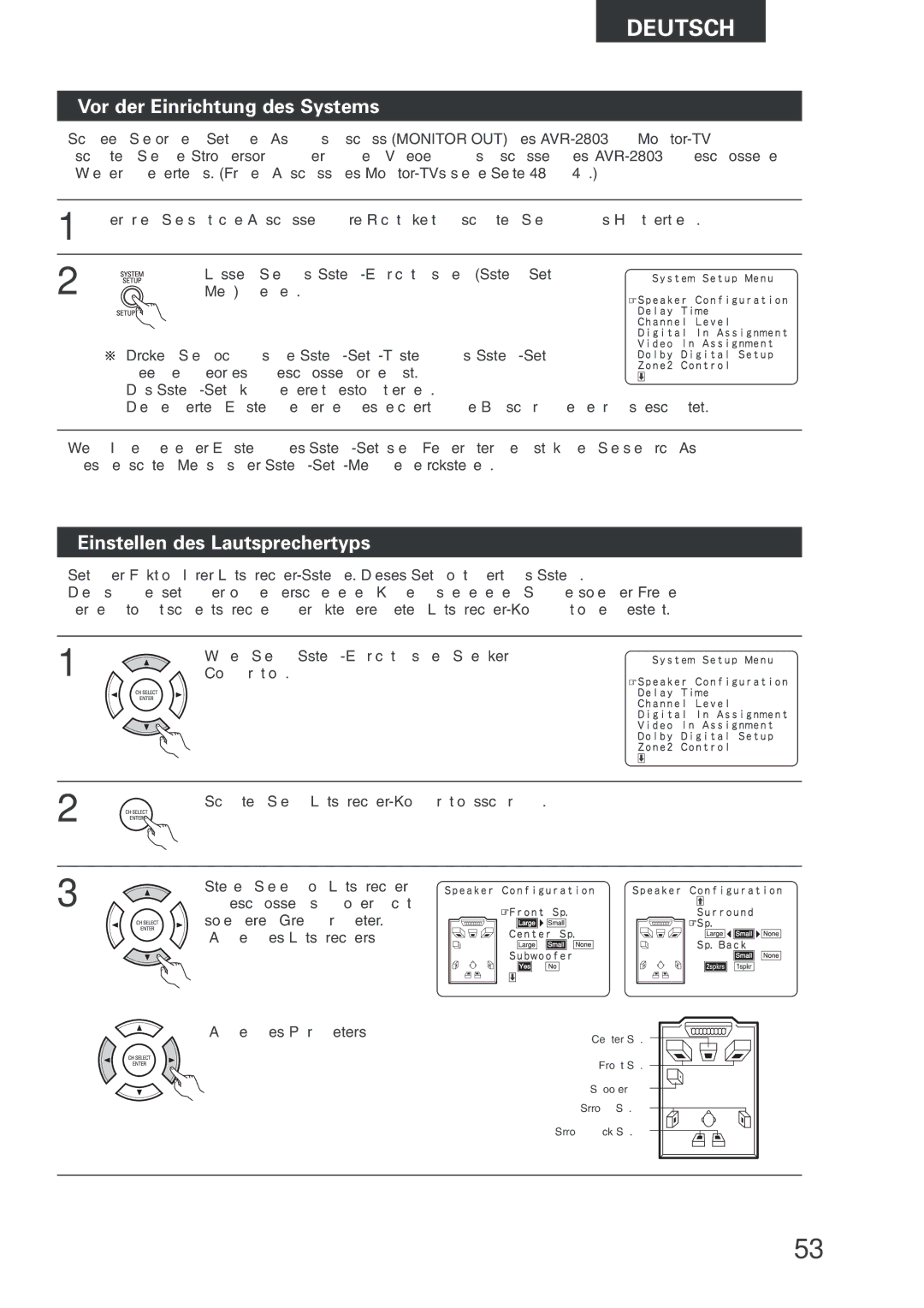 Denon AVR-2803 manual Vor der Einrichtung des Systems, Einstellen des Lautsprechertyps 