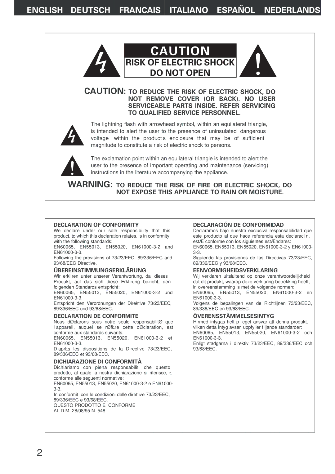 Denon AVR-2803 manual Risk of Electric Shock Do not Open 