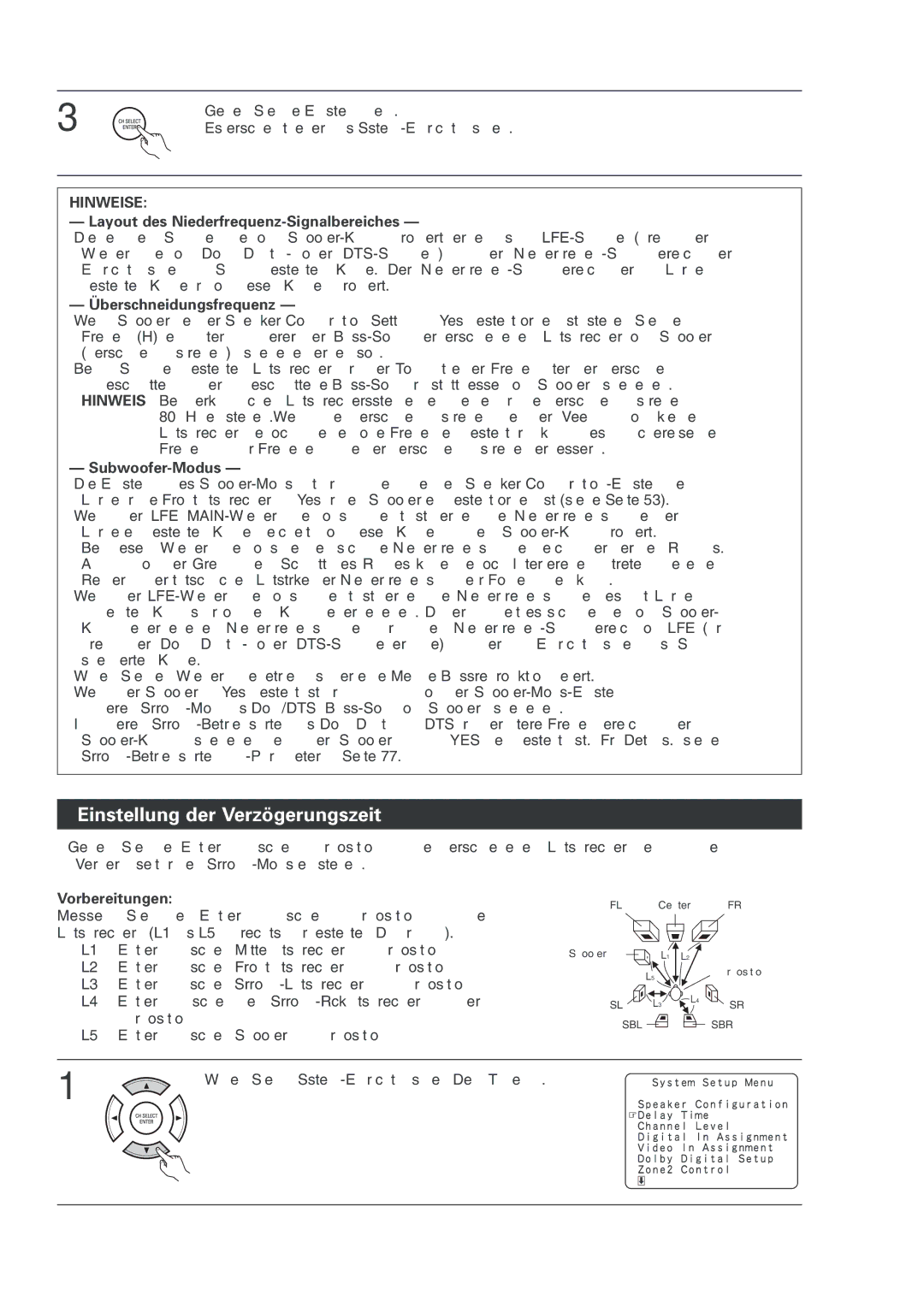 Denon AVR-2803 manual Einstellung der Verzögerungszeit, Layout des Niederfrequenz-Signalbereiches, Überschneidungsfrequenz 