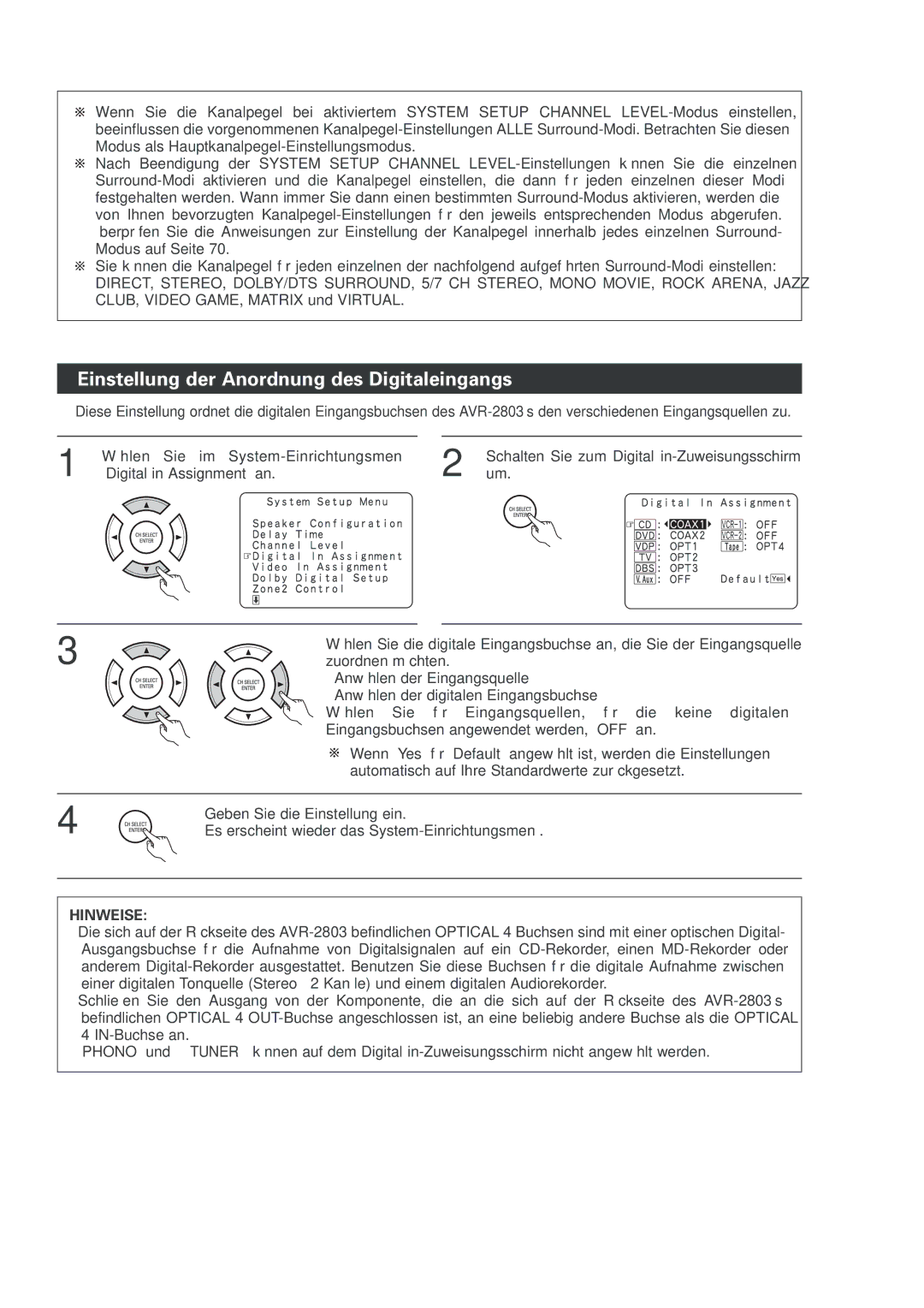 Denon AVR-2803 manual Einstellung der Anordnung des Digitaleingangs 
