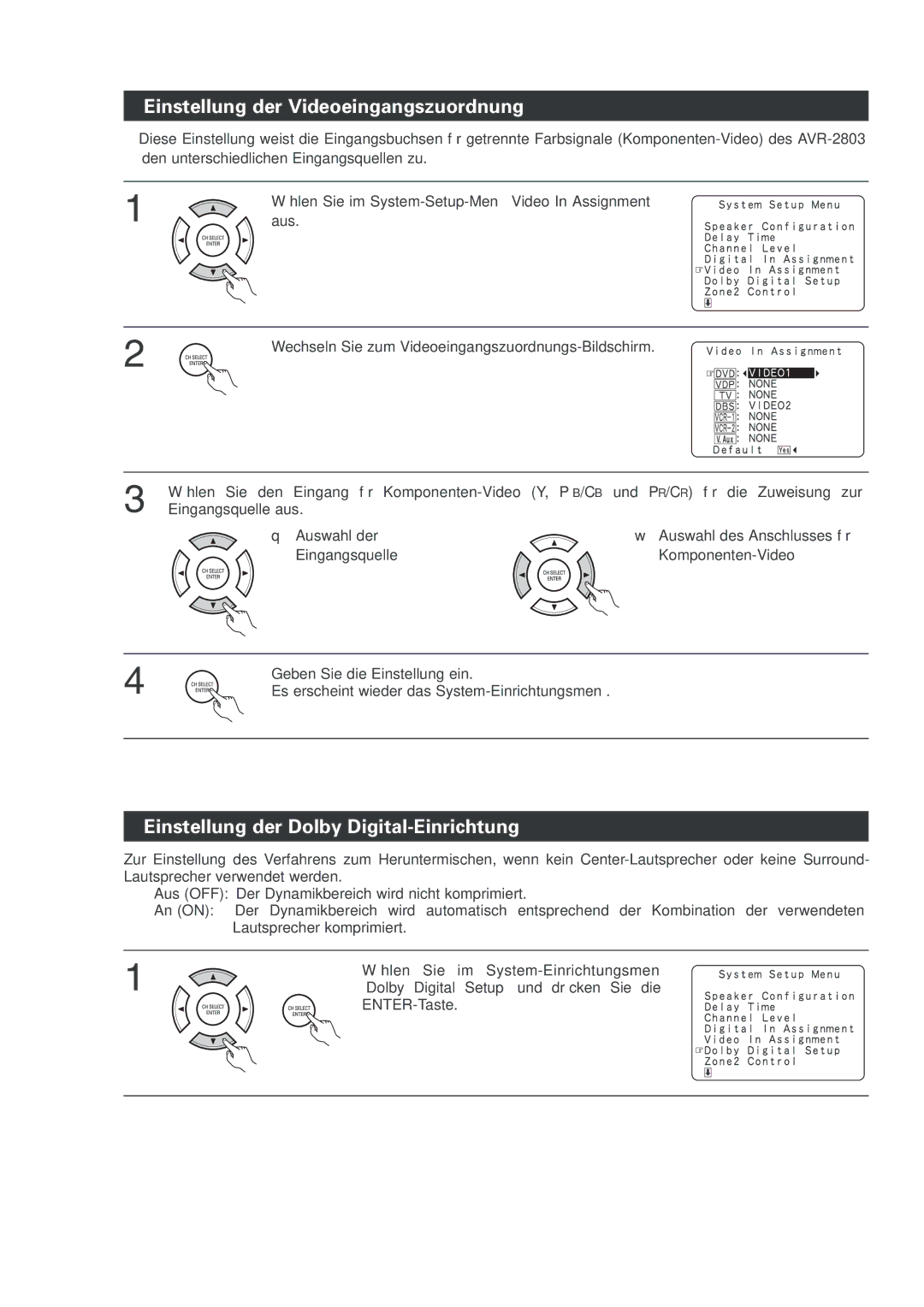 Denon AVR-2803 manual Einstellung der Videoeingangszuordnung, Einstellung der Dolby Digital-Einrichtung 