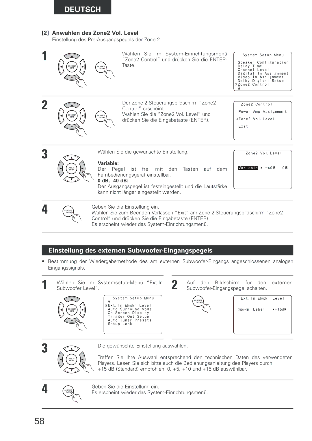 Denon AVR-2803 manual Einstellung des externen Subwoofer-Eingangspegels, Variable, DB, -40 dB 