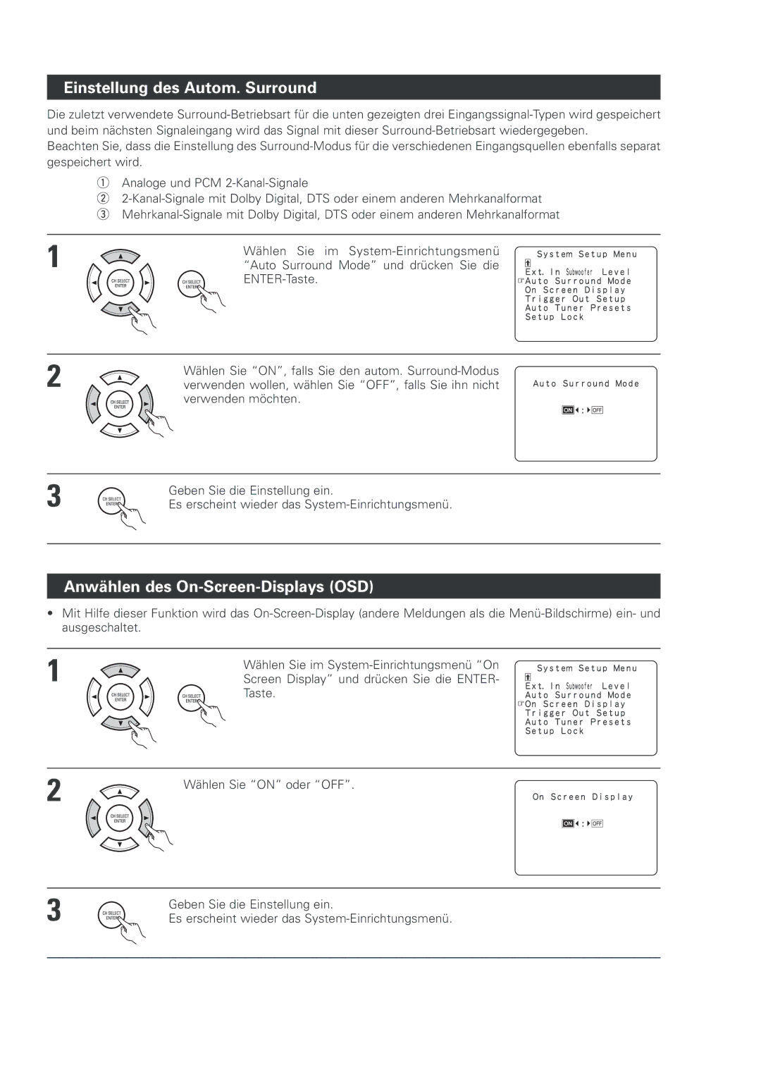 Denon AVR-2803 manual Einstellung des Autom. Surround, Anwählen des On-Screen-Displays OSD 