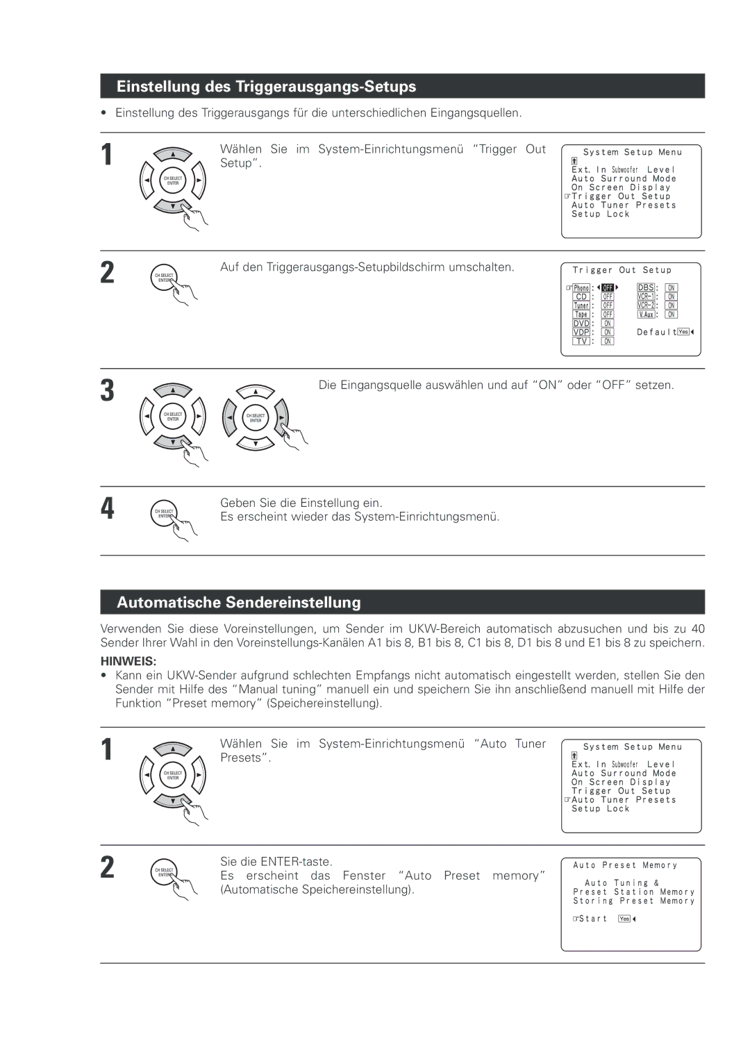 Denon AVR-2803 manual Einstellung des Triggerausgangs-Setups, Automatische Sendereinstellung 