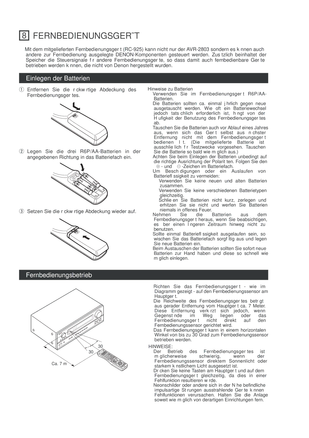 Denon AVR-2803 manual Fernbedienungsgerät, Einlegen der Batterien, Fernbedienungsbetrieb 