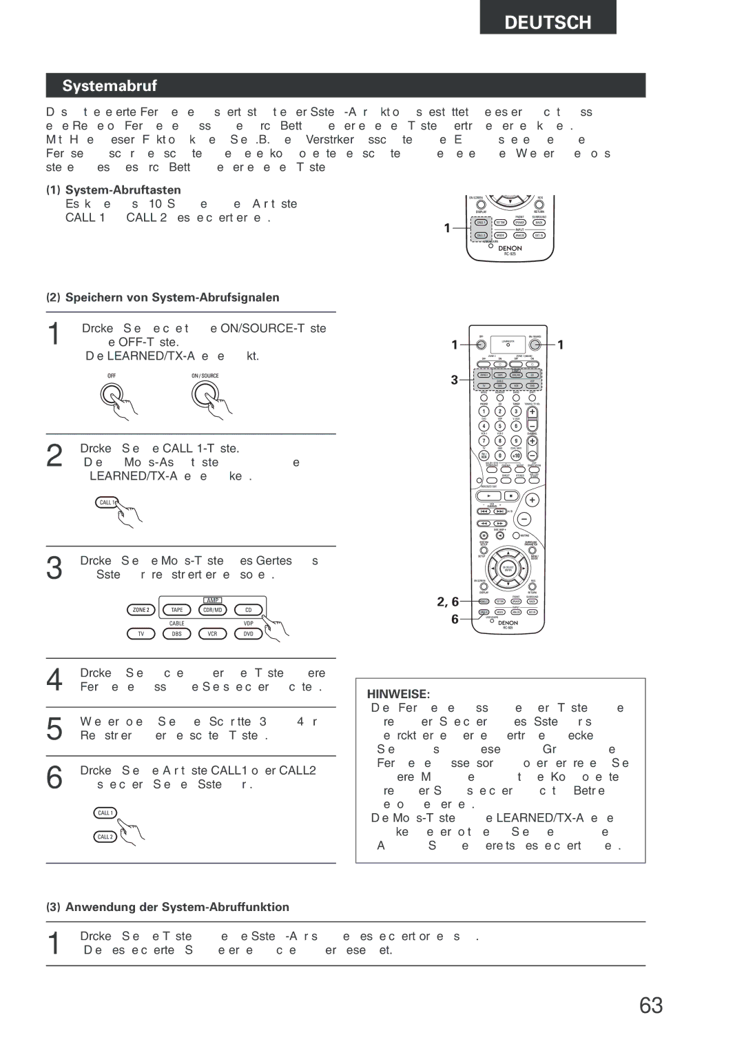 Denon AVR-2803 Systemabruf, System-Abruftasten, Speichern von System-Abrufsignalen, Anwendung der System-Abruffunktion 