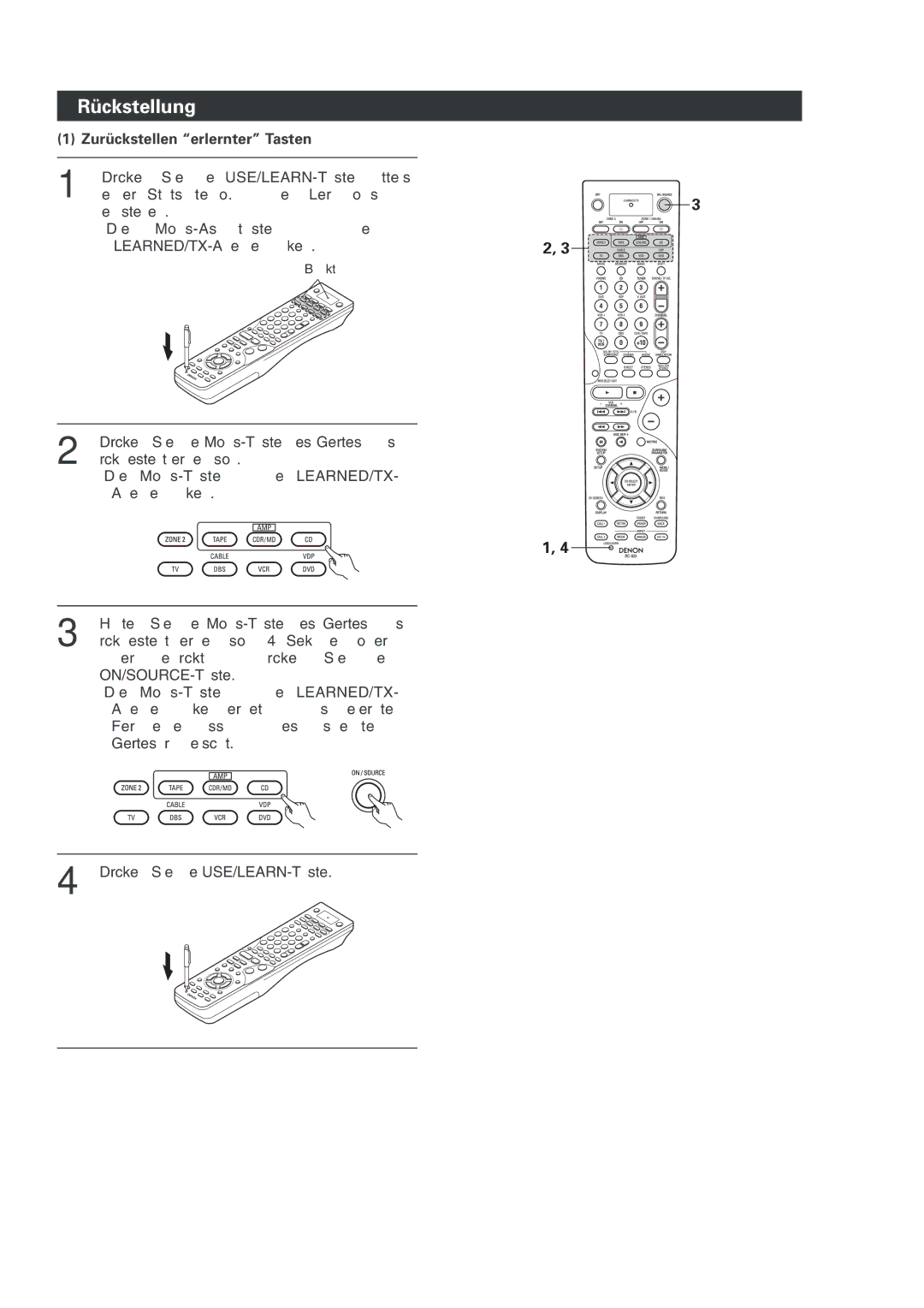 Denon AVR-2803 manual Rückstellung, Zurückstellen erlernter Tasten 