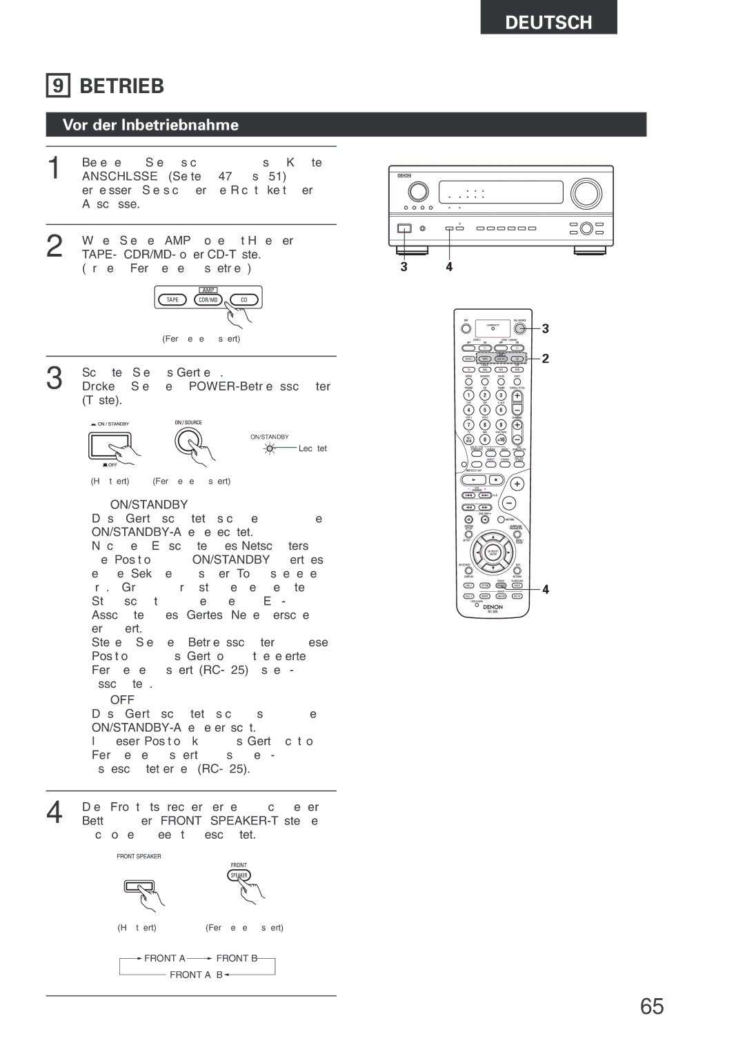 Denon AVR-2803 manual Betrieb, Vor der Inbetriebnahme, Nur beim Fernbedienungsbetrieb, ¢ On/Standby 